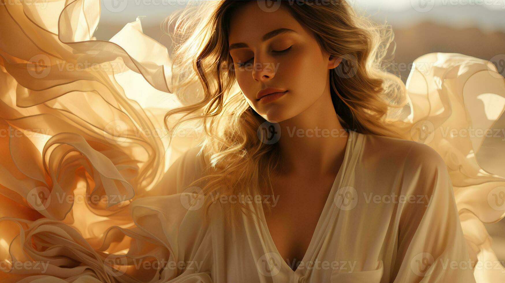 Ethereal Beauty Radiates Amidst Sunlit Flowing Silken Drapes photo