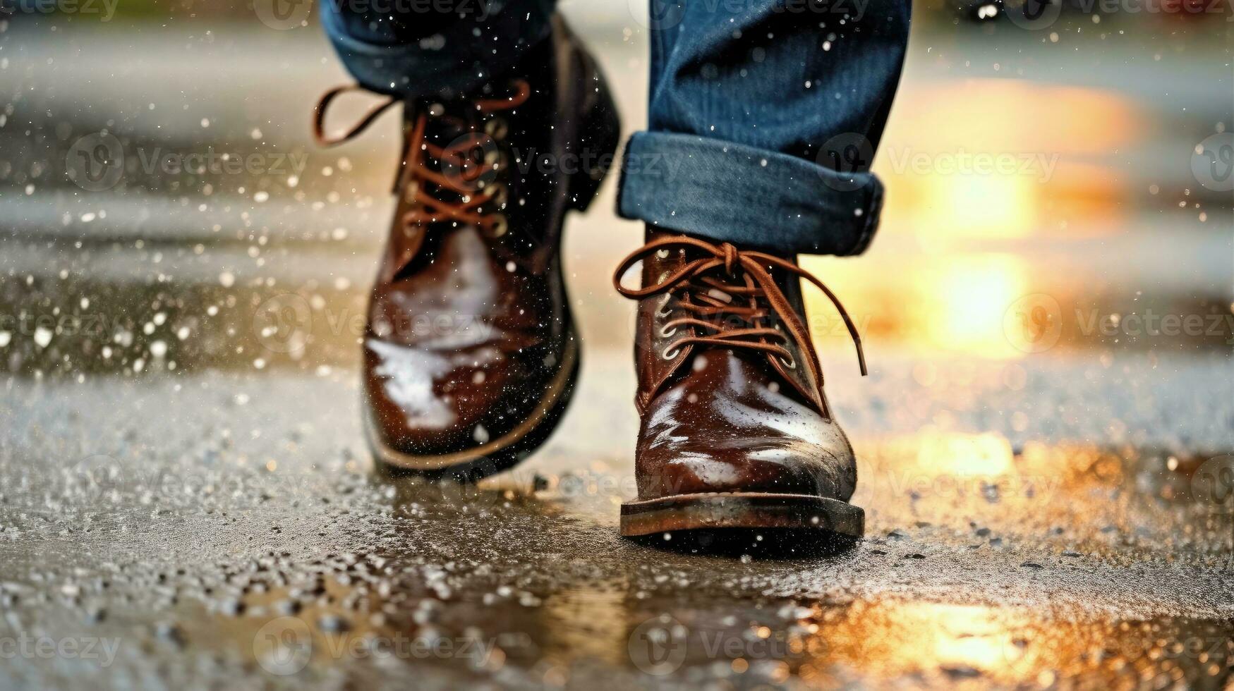 cuero botas salpicaduras mediante mojado urbano lluvioso calle foto