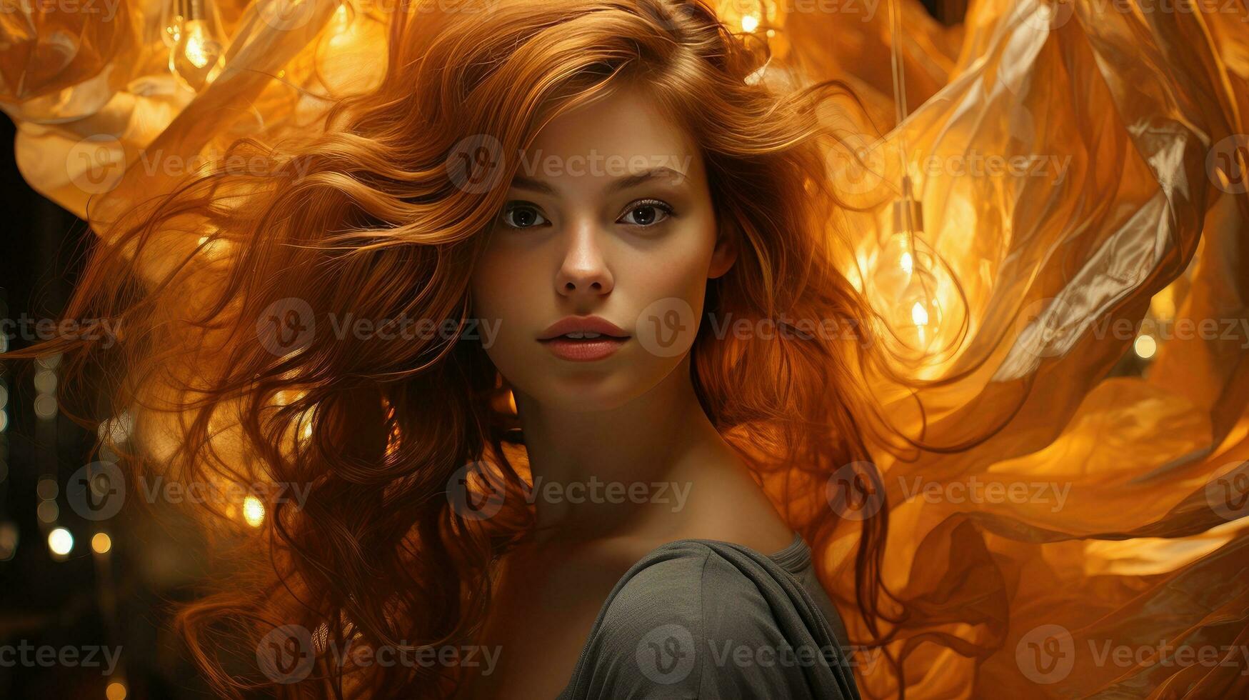 Fiery Redhead Amidst Ethereal Glow and Enchanting Sparks photo