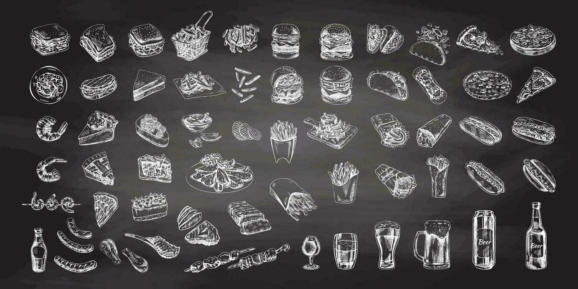Hand-drawn sketch of street food, takeaway food, fast food, junk food and drinks on chalkboard background. Burgers, potato french fries, pizza, hot dogs, tacos, beer, bbq, pies set. Great for menu. vector