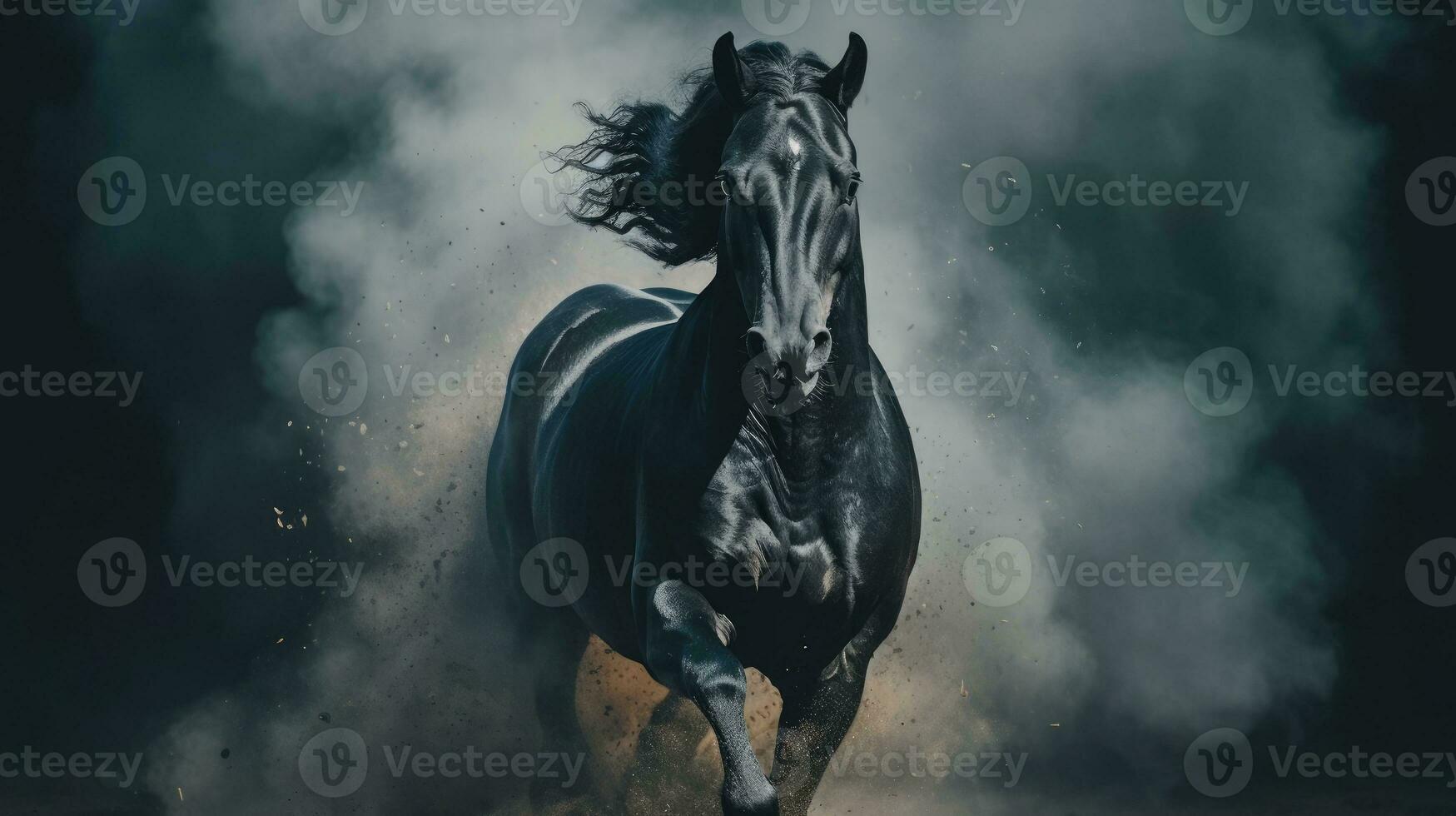 Majestic Black Horse Emerging from Ethereal Smoky Darkness photo