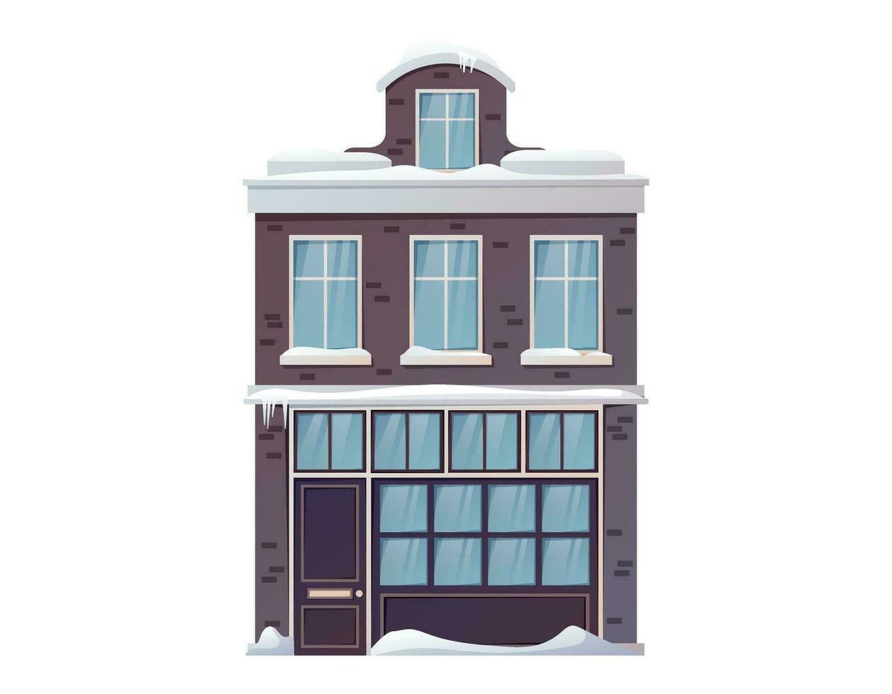 dibujos animados vector invierno casa. aislado arquitectónico moderno edificio cubierto con nieve y ventisqueros
