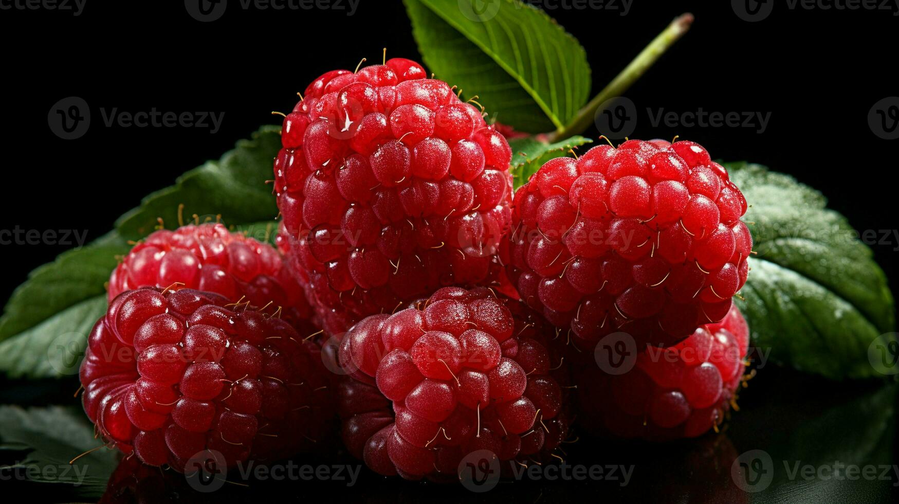 ai generado Fresco maduro frambuesa en negro fondo, jugoso y sabroso fruta, sano comida foto