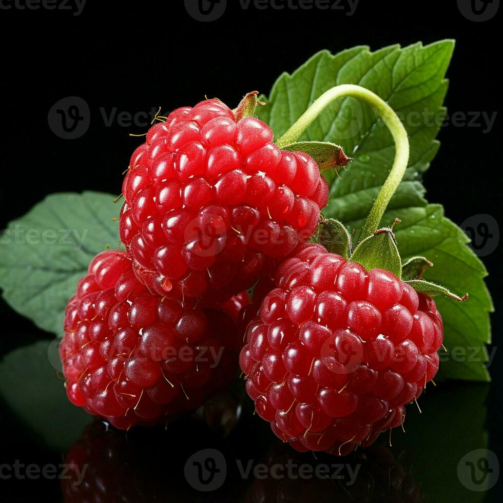 AI generated Fresh Ripe Raspberry on Black background, Juicy and tasty Fruit, Healthy Food photo