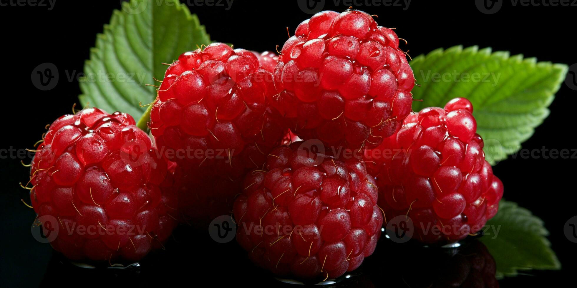 ai generado Fresco maduro frambuesa en negro fondo, jugoso y sabroso fruta, sano comida foto