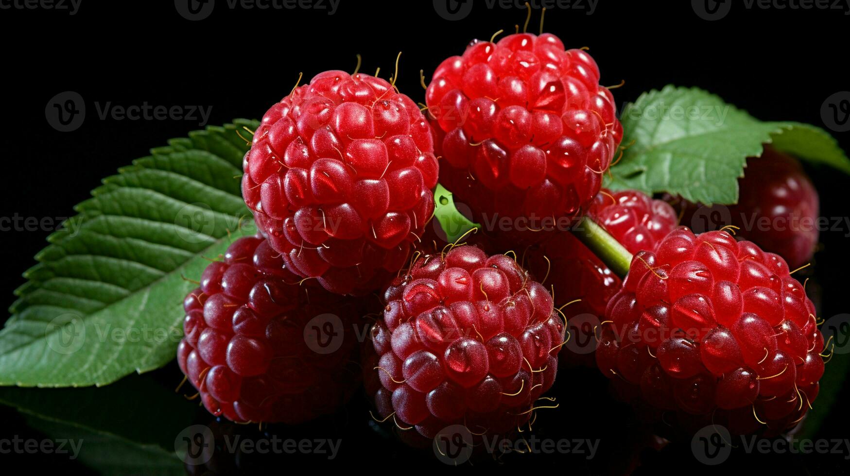 AI generated Fresh Ripe Raspberry on Black background, Juicy and tasty Fruit, Healthy Food photo