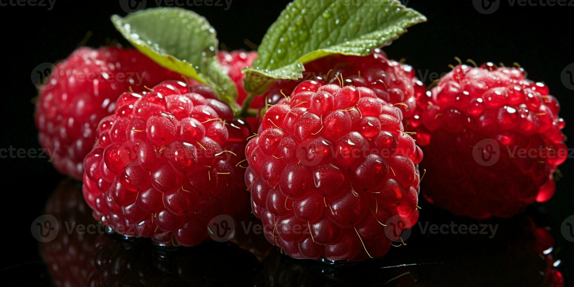 ai generado Fresco maduro frambuesa en negro fondo, jugoso y sabroso fruta, sano comida foto