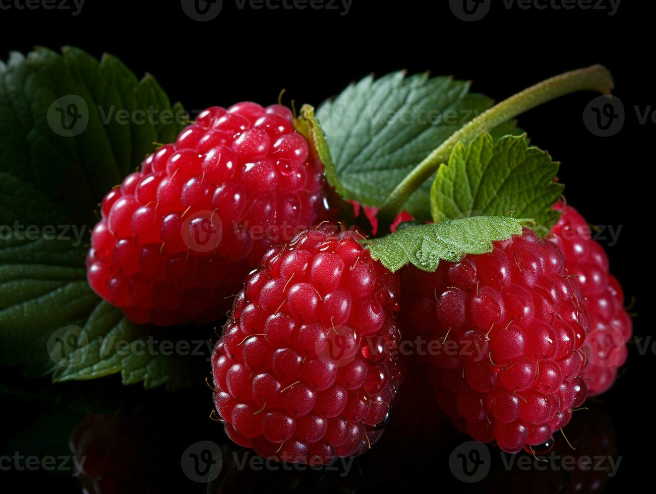 ai generado Fresco maduro frambuesa en negro fondo, jugoso y sabroso fruta, sano comida foto