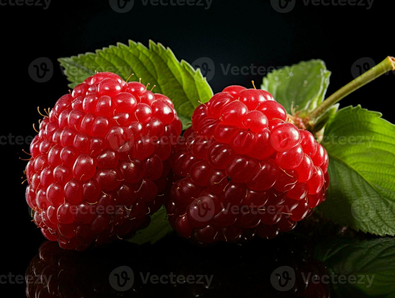 AI generated Fresh Ripe Raspberry on Black background, Juicy and tasty Fruit, Healthy Food photo