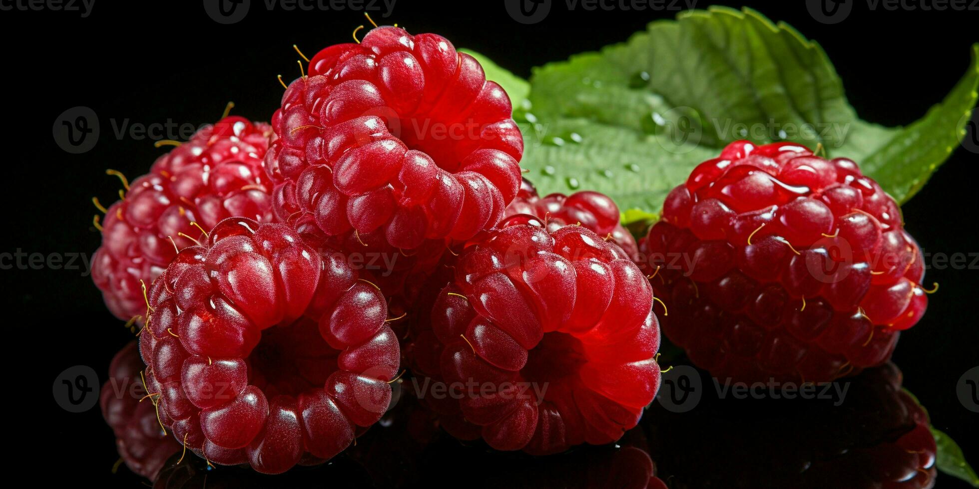 AI generated Fresh Ripe Raspberry on Black background, Juicy and tasty Fruit, Healthy Food photo