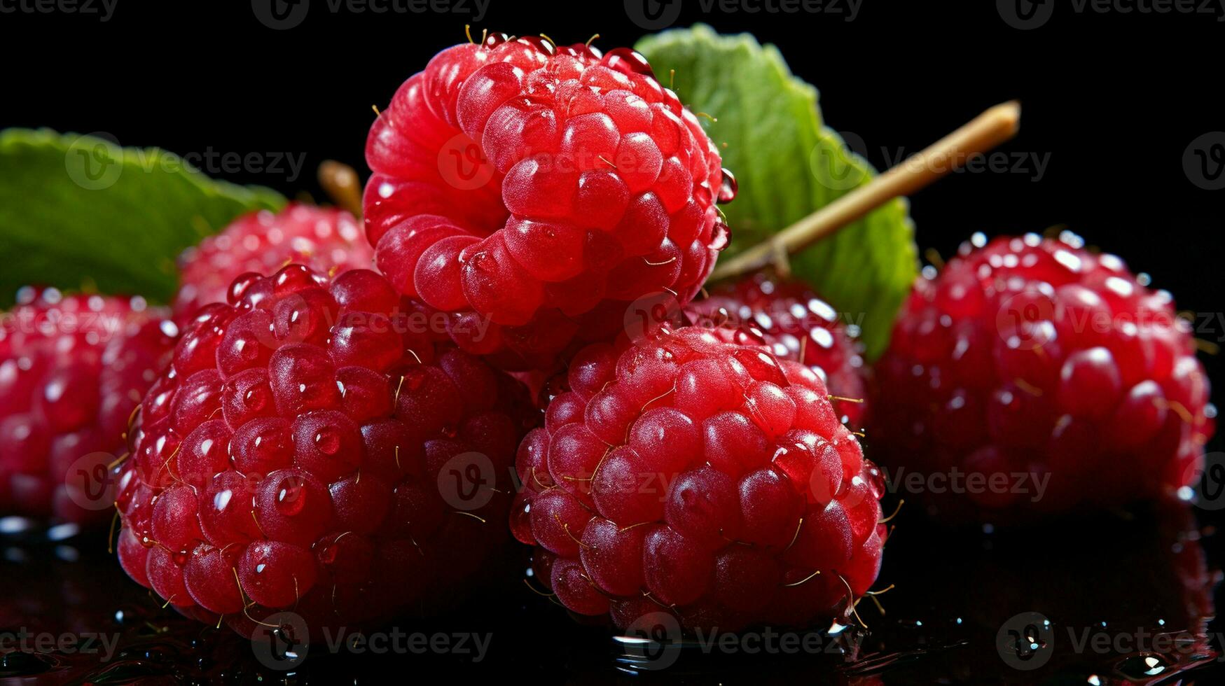 ai generado Fresco maduro frambuesa en negro fondo, jugoso y sabroso fruta, sano comida foto