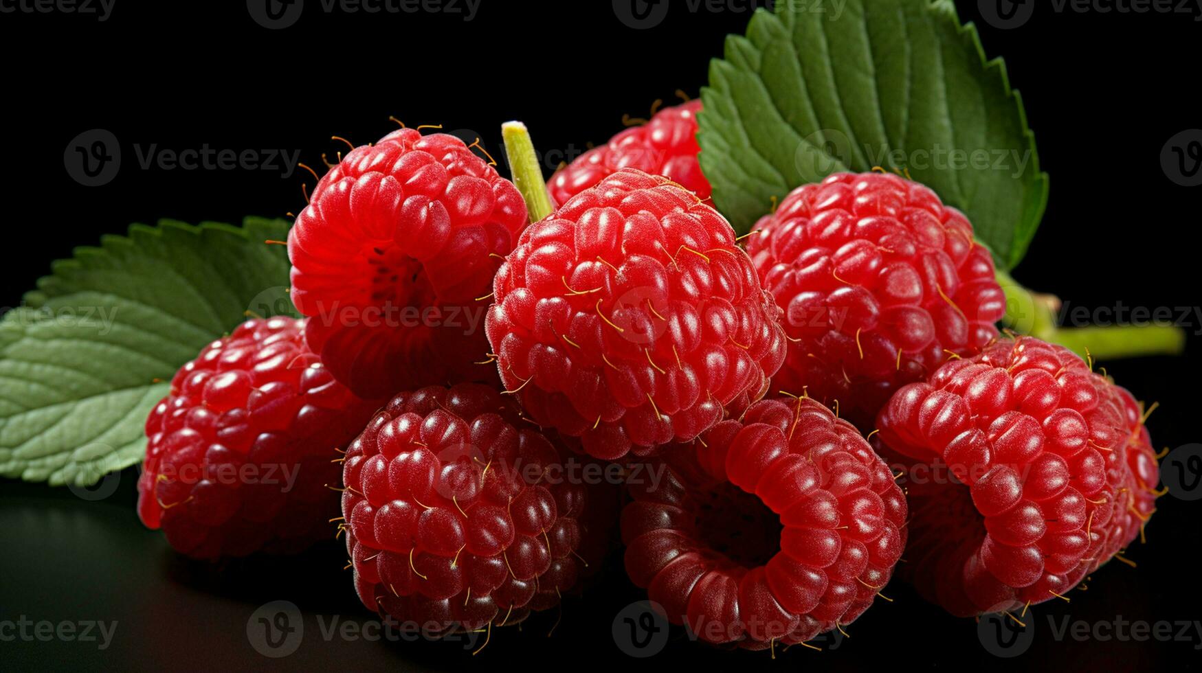 AI generated Fresh Ripe Raspberry on Black background, Juicy and tasty Fruit, Healthy Food photo