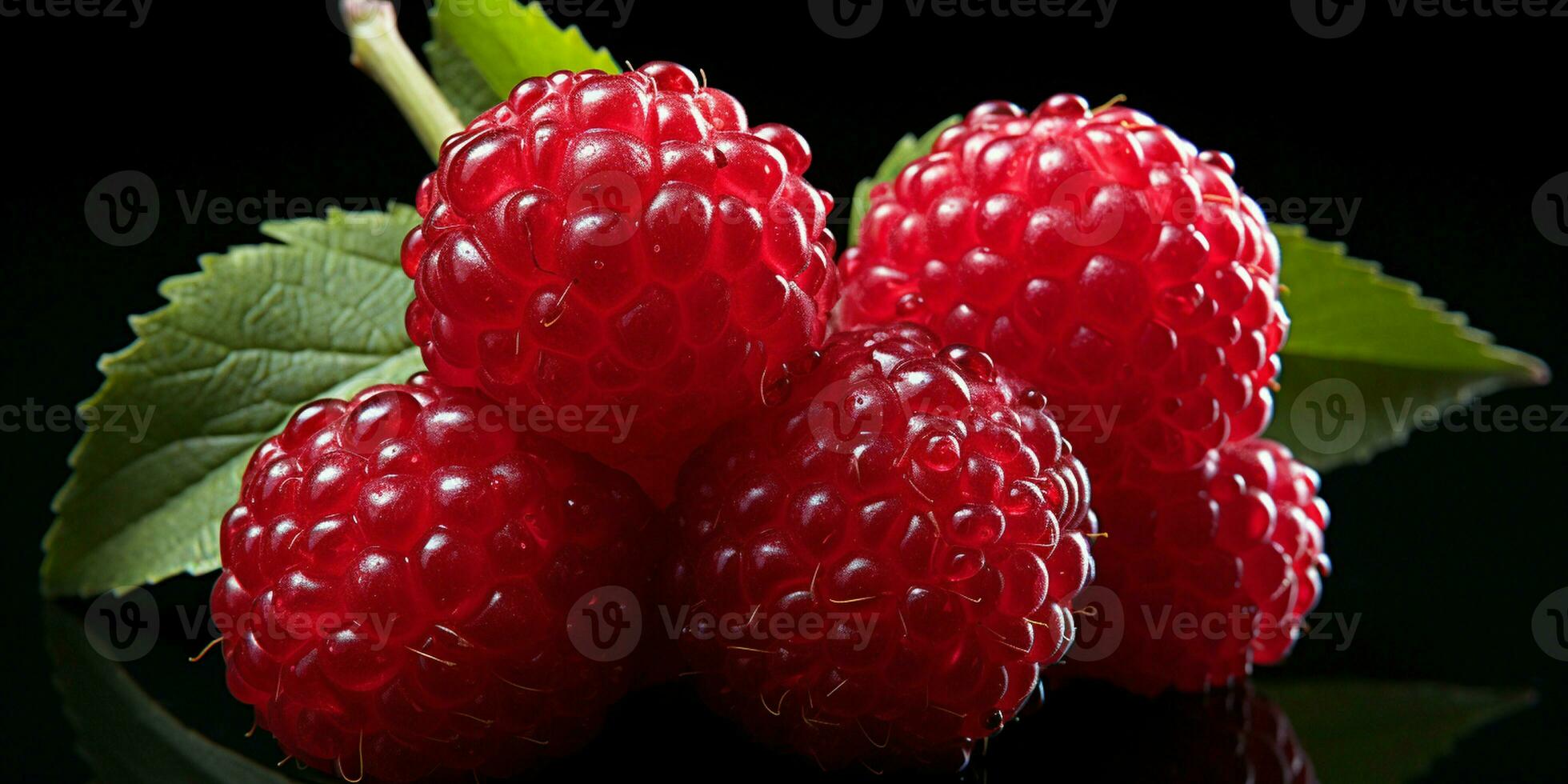 AI generated Fresh Ripe Raspberry on Black background, Juicy and tasty Fruit, Healthy Food photo