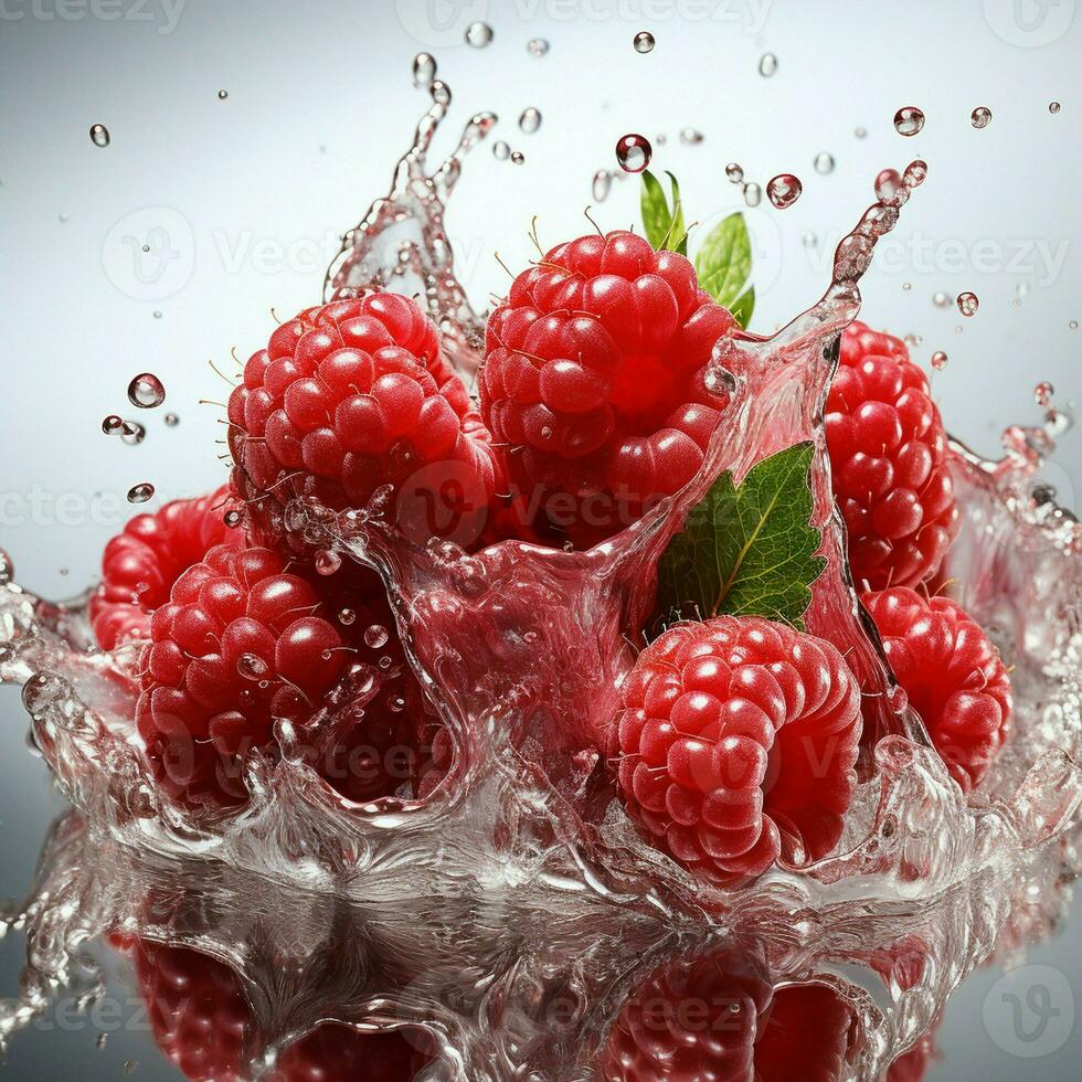 AI generated Fresh Ripe Raspberry with Splash effect, Juicy and tasty Fruit, Healthy Food photo