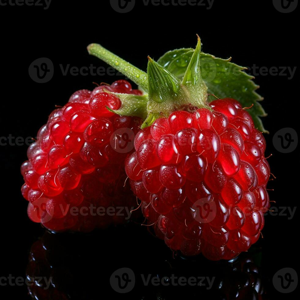 AI generated Fresh Ripe Raspberry on Black background, Juicy and tasty Fruit, Healthy Food photo