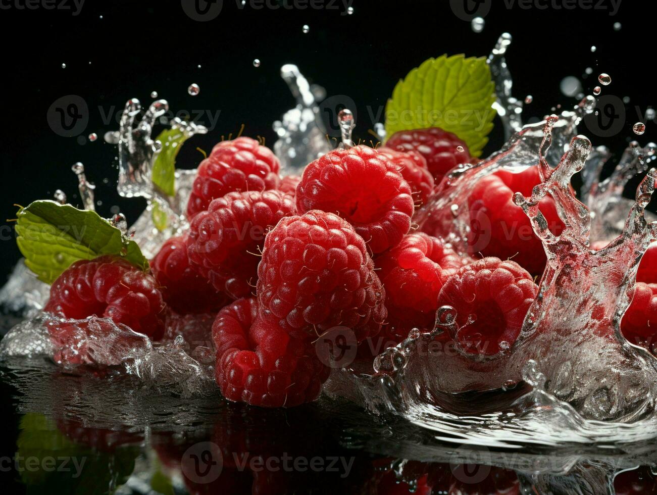 AI generated Fresh Ripe Raspberry with Splash effect, Juicy and tasty Fruit, Healthy Food photo