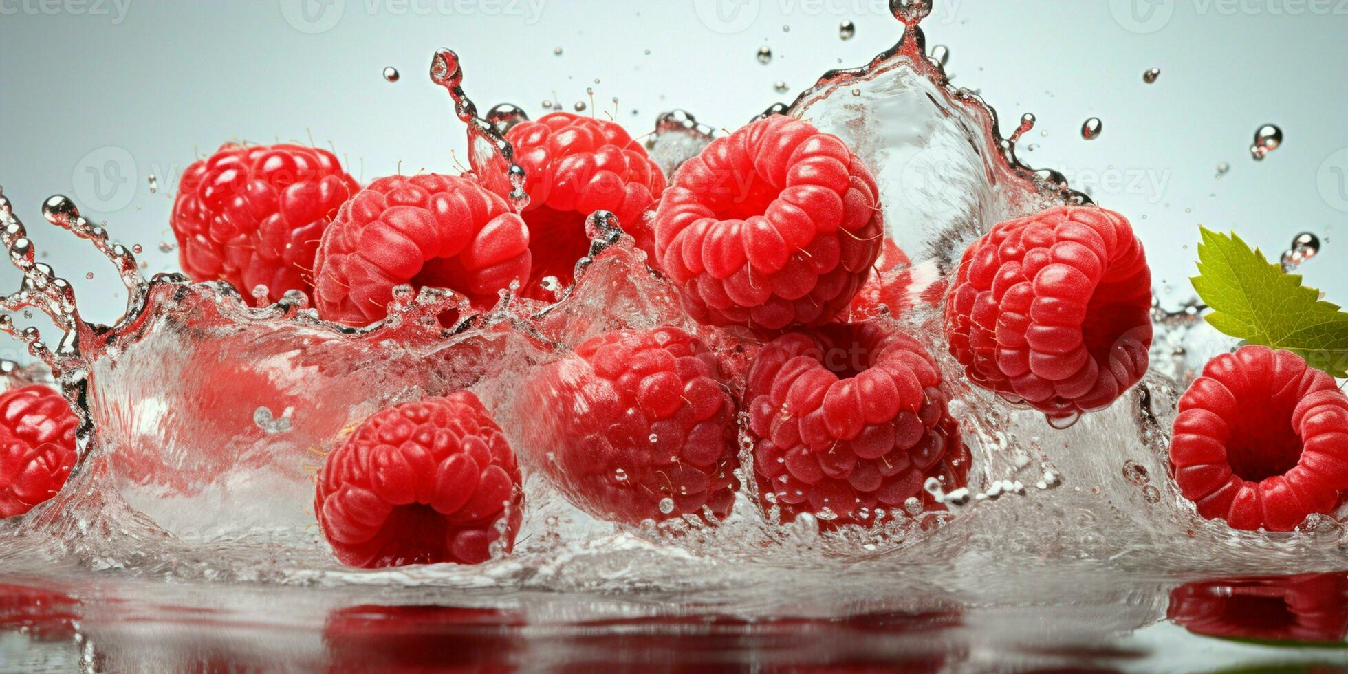 AI generated Fresh Ripe Raspberry with Splash effect, Juicy and tasty Fruit, Healthy Food photo