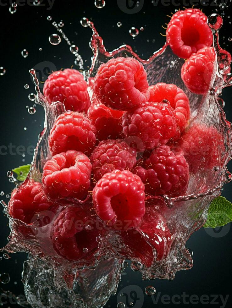 AI generated Fresh Ripe Raspberry with Splash effect, Juicy and tasty Fruit, Healthy Food photo