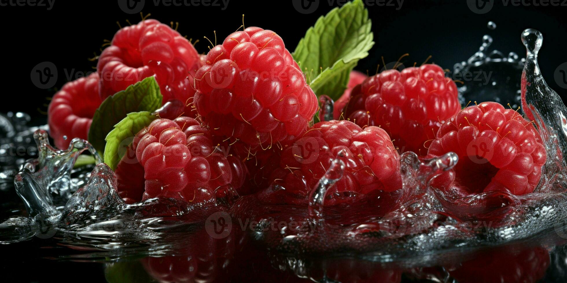 AI generated Fresh Ripe Raspberry with Splash effect, Juicy and tasty Fruit, Healthy Food photo