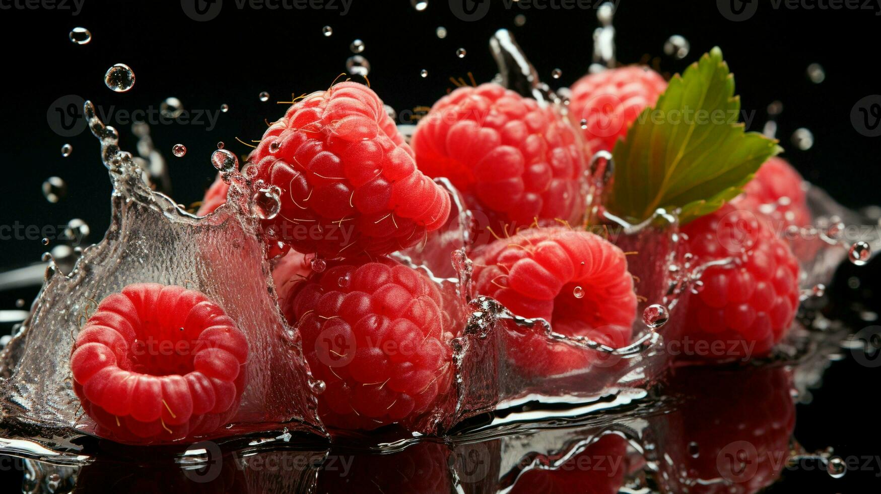 AI generated Fresh Ripe Raspberry with Splash effect, Juicy and tasty Fruit, Healthy Food photo