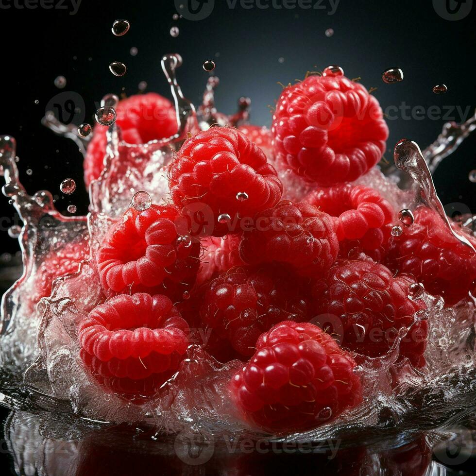 AI generated Fresh Ripe Raspberry with Splash effect, Juicy and tasty Fruit, Healthy Food photo