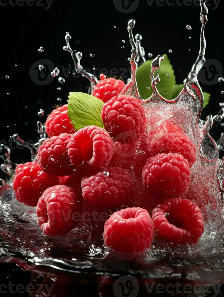 AI generated Fresh Ripe Raspberry with Splash effect, Juicy and tasty Fruit, Healthy Food photo