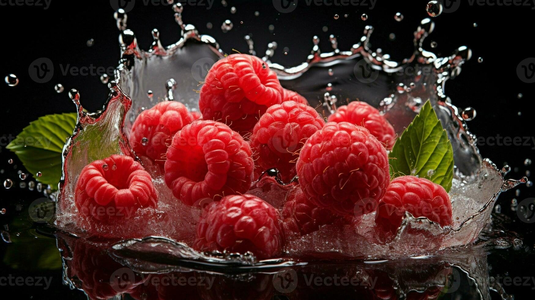 AI generated Fresh Ripe Raspberry with Splash effect, Juicy and tasty Fruit, Healthy Food photo