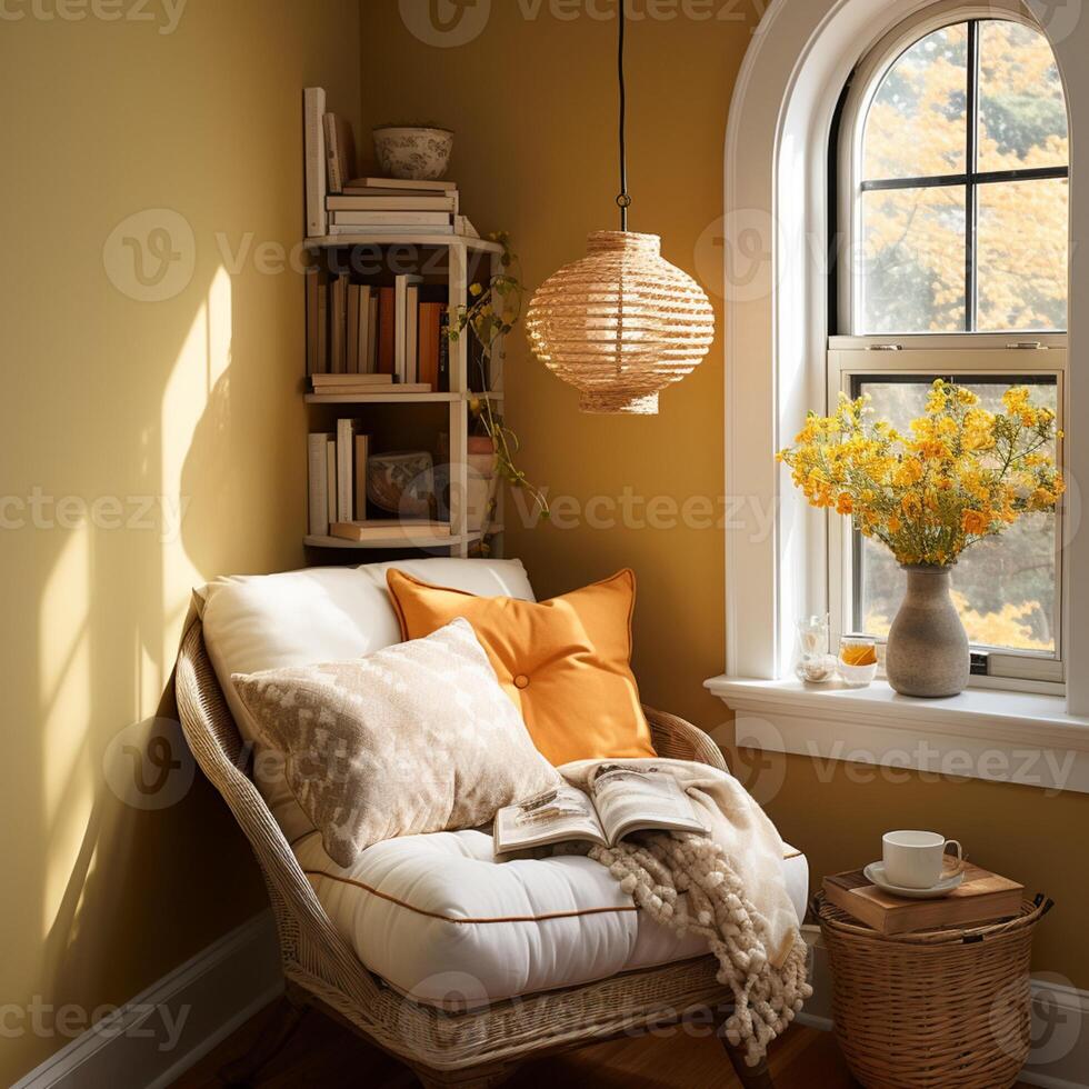 AI generated Interior Design Cozy modern Reading Nook, Warm light Radiate peaceful and serene atmosphere, home decoration in a country house, comfort at home photo