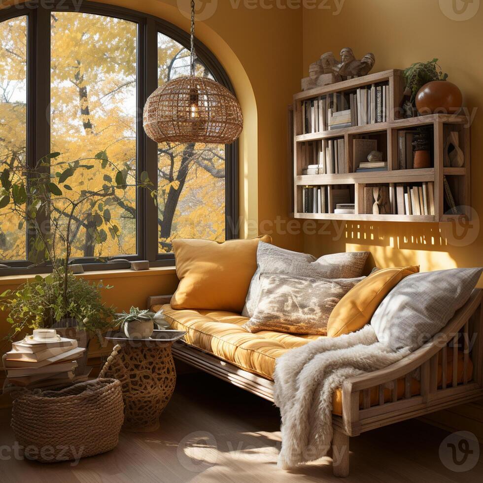 AI generated Interior Design Cozy modern Reading Nook, Warm light Radiate peaceful and serene atmosphere, home decoration in a country house, comfort at home photo