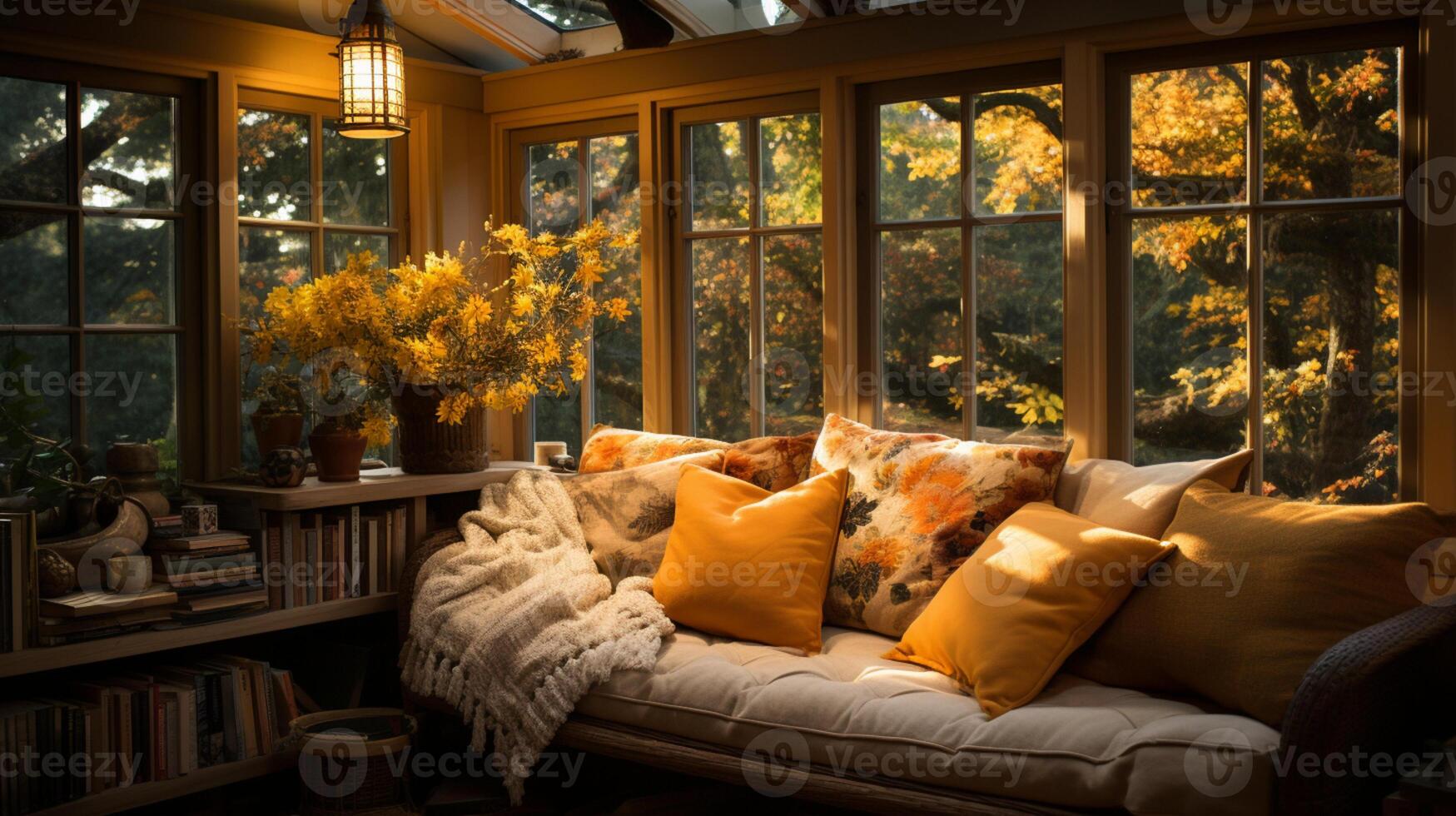 AI generated Interior Design Cozy modern Reading Nook, Warm light Radiate peaceful and serene atmosphere, home decoration in a country house, comfort at home photo