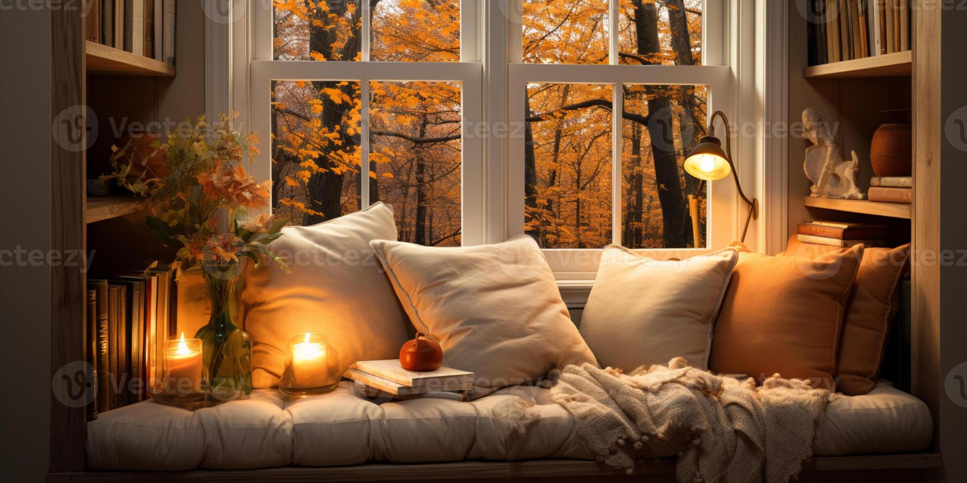 AI generated Interior Design Cozy modern Reading Nook, Warm light Radiate peaceful and serene atmosphere, home decoration in a country house, comfort at home photo