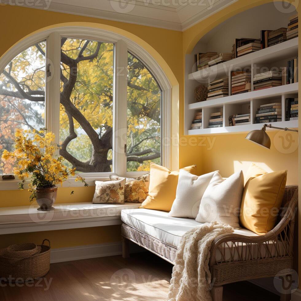 AI generated Interior Design Cozy modern Reading Nook, Warm light Radiate peaceful and serene atmosphere, home decoration in a country house, comfort at home photo