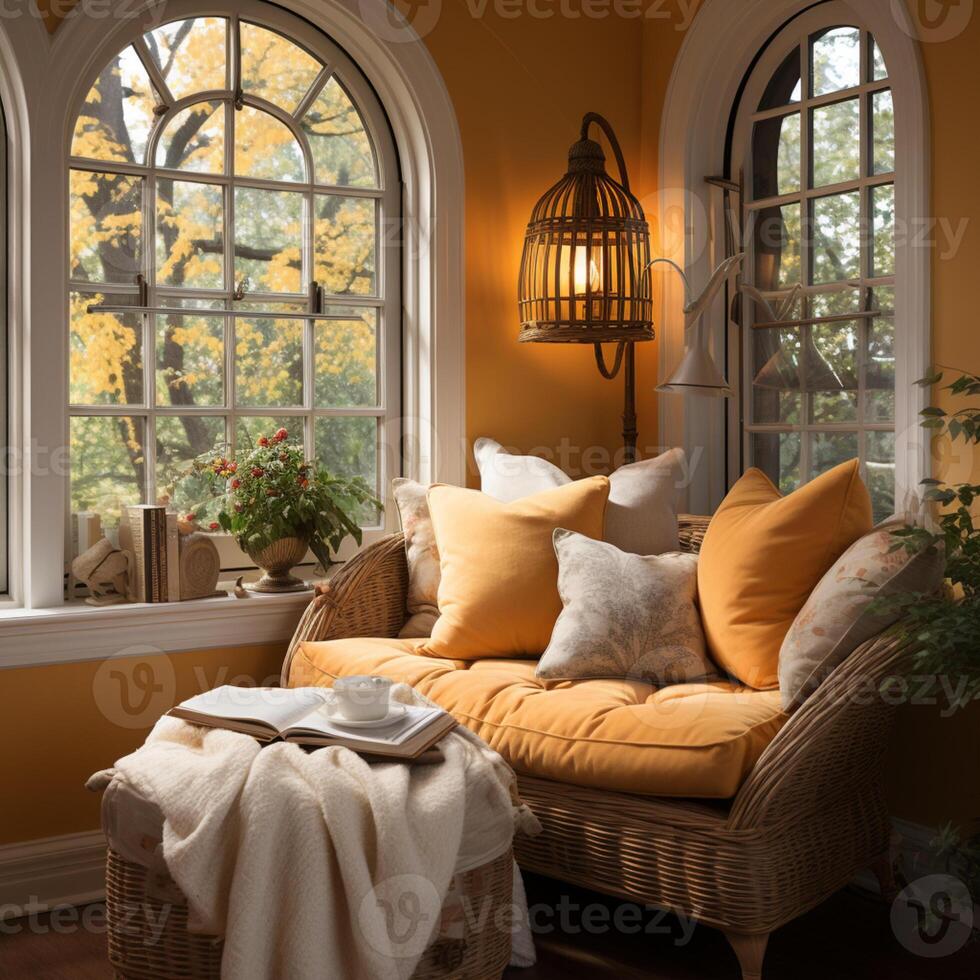 AI generated Interior Design Cozy modern Reading Nook, Warm light Radiate peaceful and serene atmosphere, home decoration in a country house, comfort at home photo