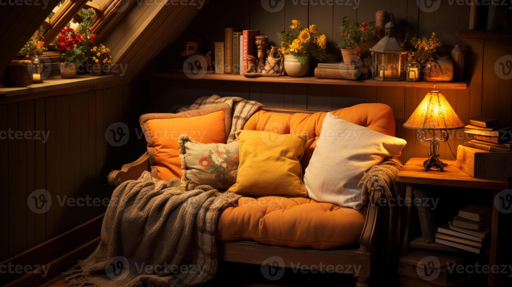 AI generated Interior Design Cozy modern Reading Nook, Warm light Radiate peaceful and serene atmosphere, home decoration in a country house, comfort at home photo