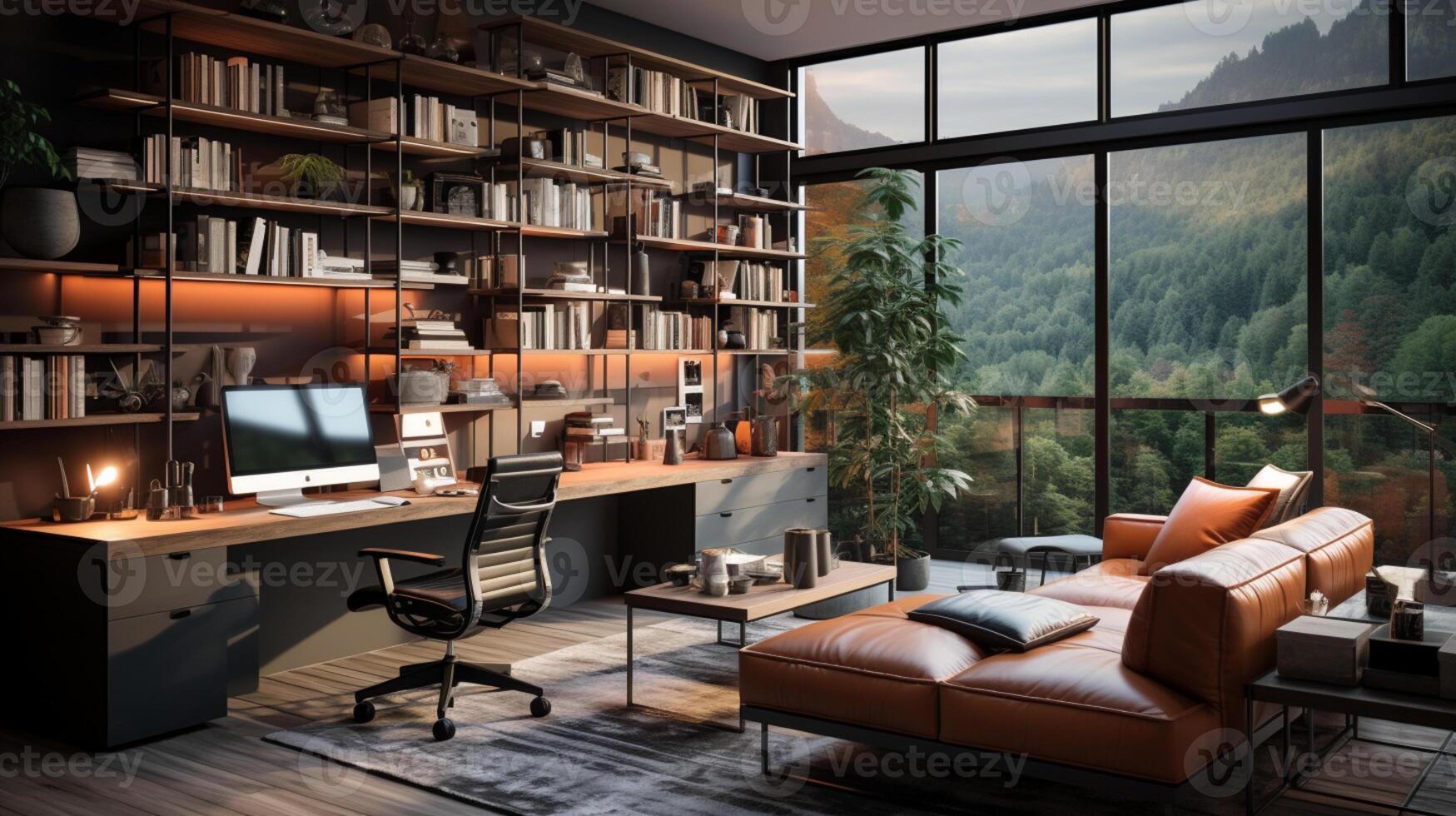 AI generated Interior design modern home office, Comfortable workplace, desk with computer monitor, stylish study room, beautiful home studio photo