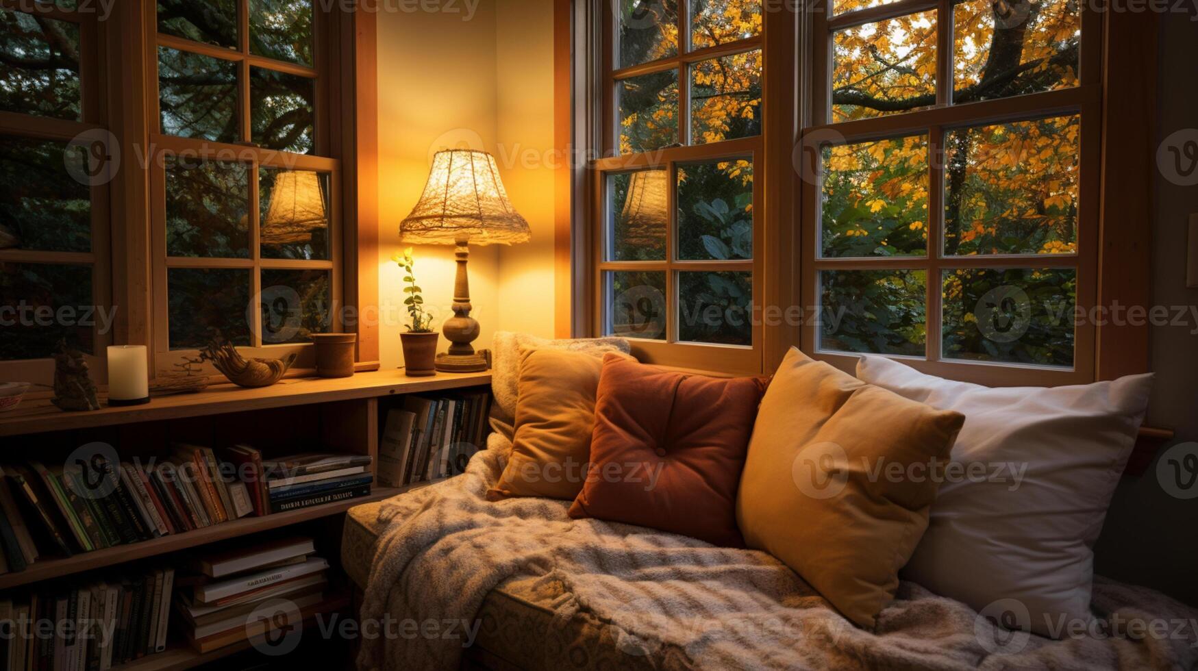 ai generado interior diseño acogedor moderno leyendo rincón, calentar ligero irradiar pacífico y sereno atmósfera, hogar decoración en un país casa, comodidad a hogar foto