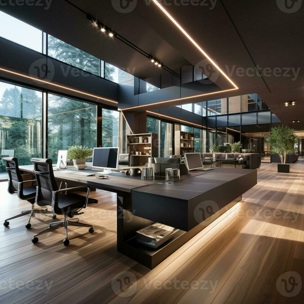 AI generated Interior design Modern Creative office foyer, Corporate open workspace, Co working office room photo