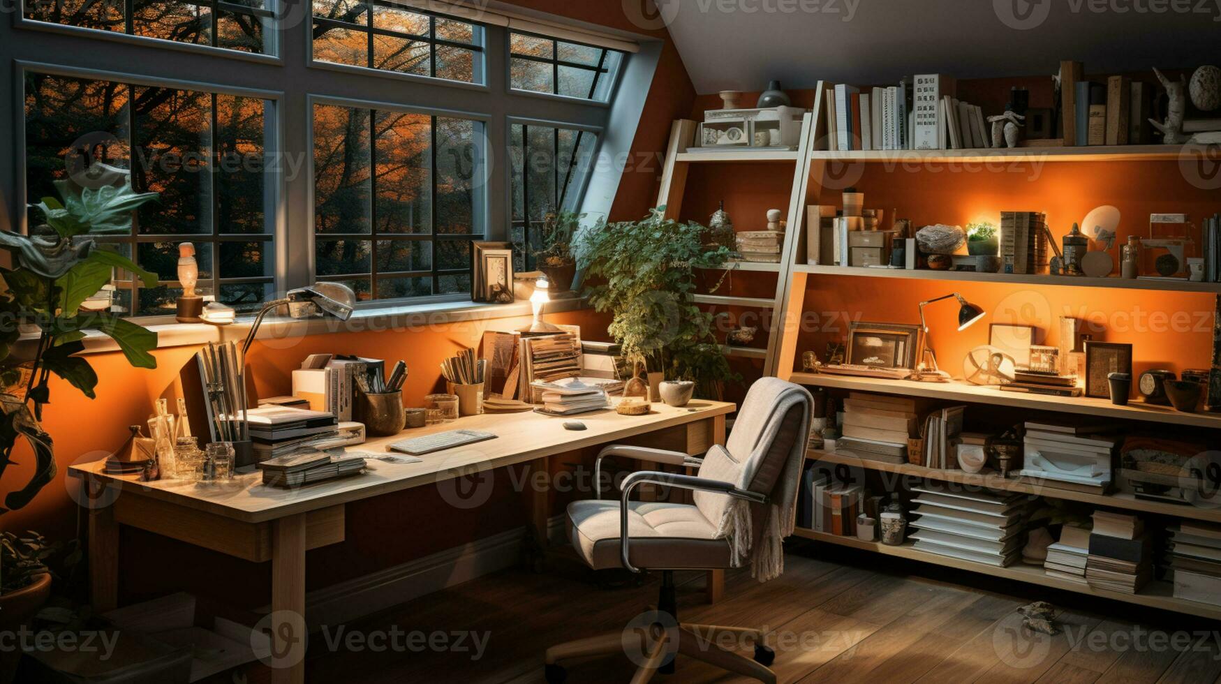 AI generated Interior design modern home office, Comfortable workplace, desk with computer monitor, stylish study room, beautiful home studio photo