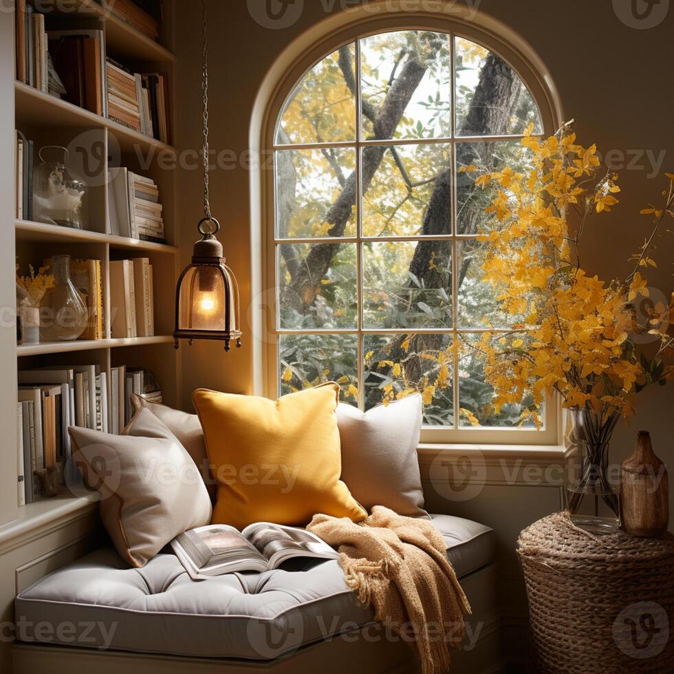 AI generated Interior Design Cozy modern Reading Nook, Warm light Radiate peaceful and serene atmosphere, home decoration in a country house, comfort at home photo