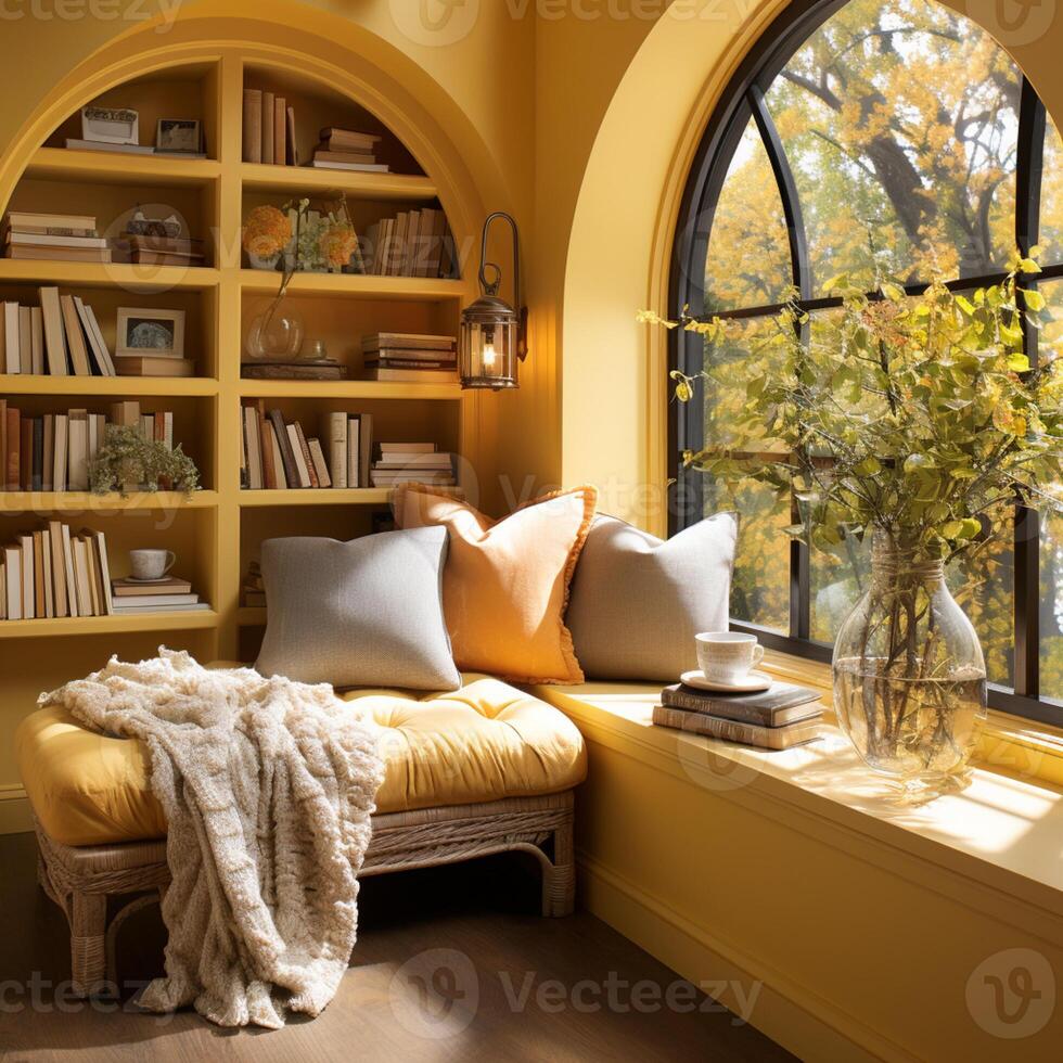 AI generated Interior Design Cozy modern Reading Nook, Warm light Radiate peaceful and serene atmosphere, home decoration in a country house, comfort at home photo