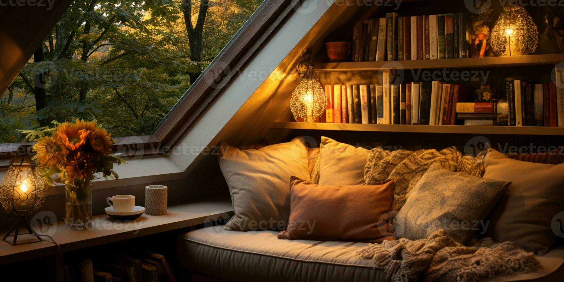 AI generated Interior Design Cozy modern Reading Nook, Warm light Radiate peaceful and serene atmosphere, home decoration in a country house, comfort at home photo