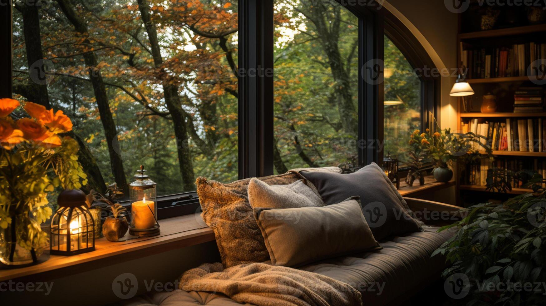 AI generated Interior Design Cozy modern Reading Nook, Warm light Radiate peaceful and serene atmosphere, home decoration in a country house, comfort at home photo