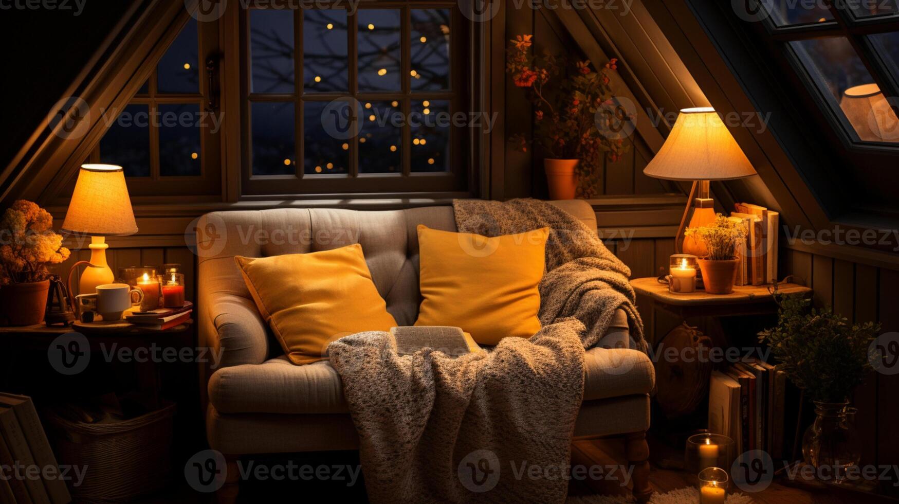 AI generated Interior Design Cozy modern Reading Nook, Warm light Radiate peaceful and serene atmosphere, home decoration in a country house, comfort at home photo