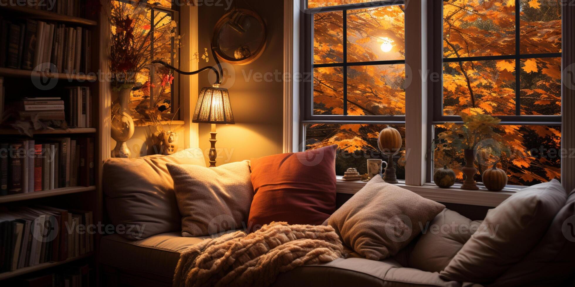 AI generated Interior Design Cozy modern Reading Nook, Warm light Radiate peaceful and serene atmosphere, home decoration in a country house, comfort at home photo