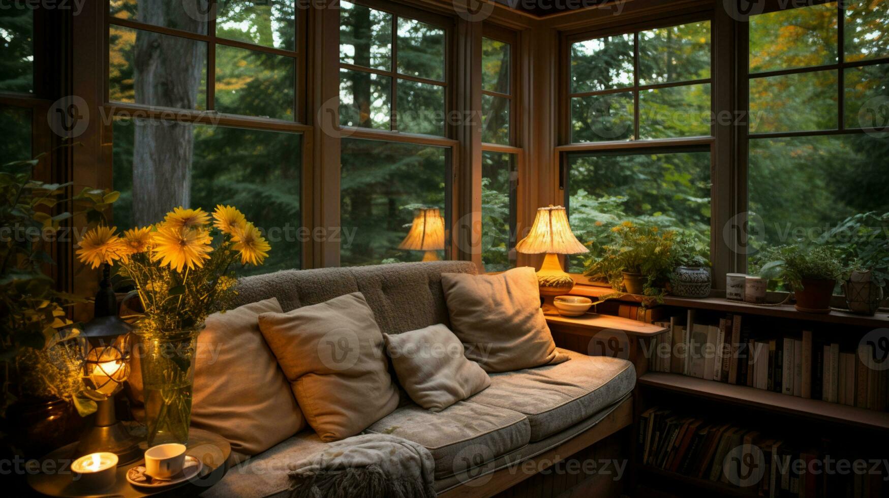 AI generated Interior Design Cozy modern Reading Nook, Warm light Radiate peaceful and serene atmosphere, home decoration in a country house, comfort at home photo