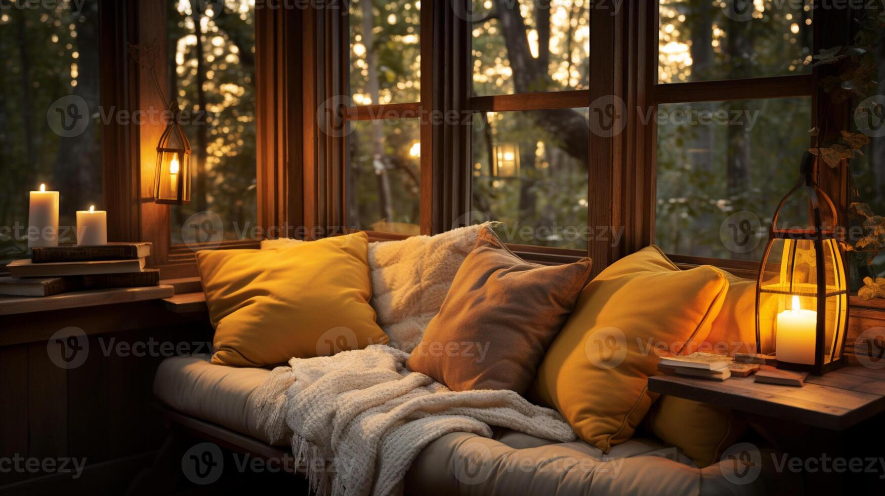 AI generated Interior Design Cozy modern Reading Nook, Warm light Radiate peaceful and serene atmosphere, home decoration in a country house, comfort at home photo