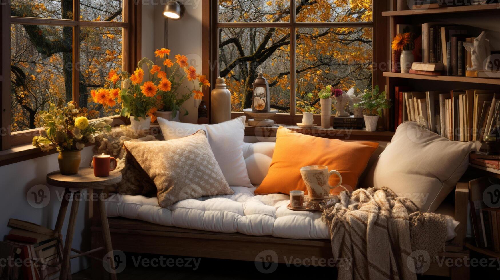 AI generated Interior Design Cozy modern Reading Nook, Warm light Radiate peaceful and serene atmosphere, home decoration in a country house, comfort at home photo