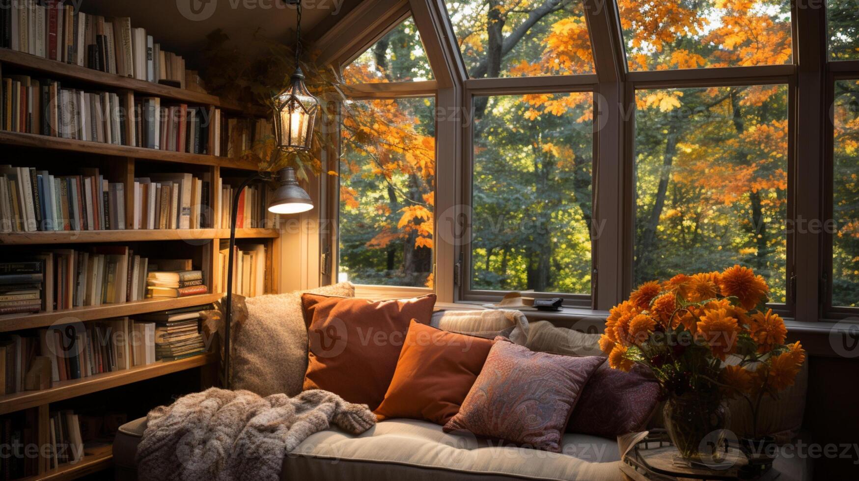 AI generated Interior Design Cozy modern Reading Nook, Warm light Radiate peaceful and serene atmosphere, home decoration in a country house, comfort at home photo