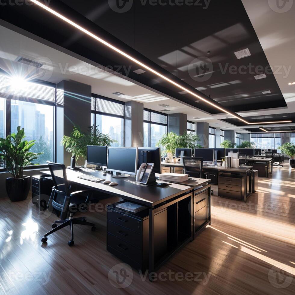 AI generated Interior design Modern Creative office foyer, Corporate open workspace, Co working office room photo