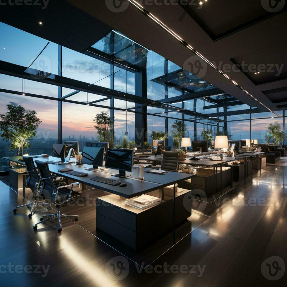 AI generated Interior design Modern Creative office foyer, Corporate open workspace, Coworking office room photo
